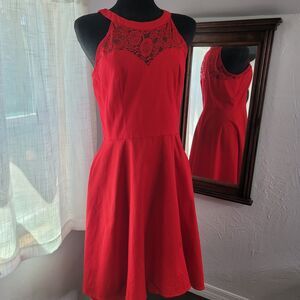 Dress Tells Red Lace Babydoll Empire Waist High Low Halter Dress XL